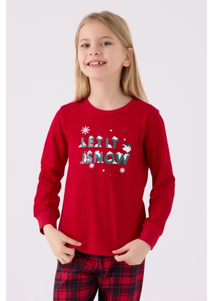 3105 Garson Noel Let It Snow Kız Çocuk Kırmızı Uzun Kol Pijama Takım