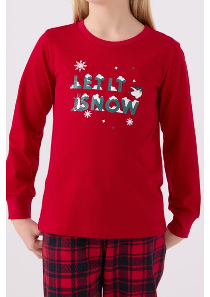 3105 Garson Noel Let It Snow Kız Çocuk Kırmızı Uzun Kol Pijama Takım
