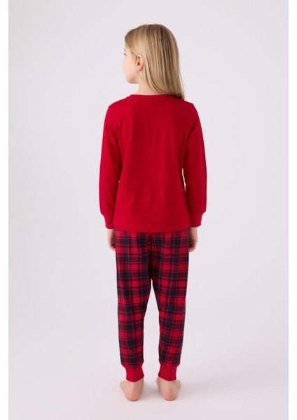 3105 Garson Noel Let It Snow Kız Çocuk Kırmızı Uzun Kol Pijama Takım