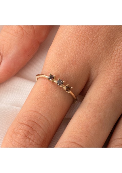 Tria Altın Yüzük - 14 Ayar Altın Tria Smoky Taşlı Üç Taş Minimal Yüzük - Minimal Altın Yüzük