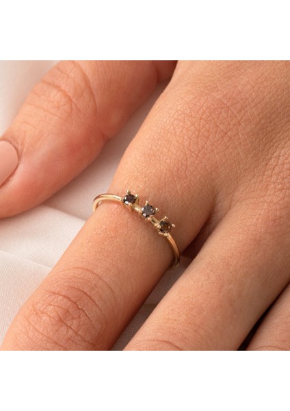 Tria Altın Yüzük - 14 Ayar Altın Tria Smoky Taşlı Üç Taş Minimal Yüzük - Minimal Altın Yüzük modelleri