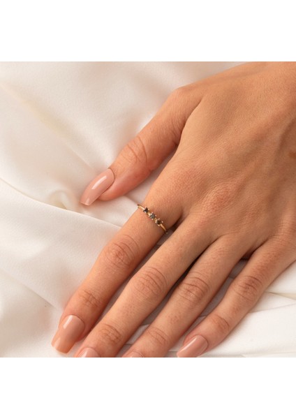 Tria Altın Yüzük - 14 Ayar Altın Tria Smoky Taşlı Üç Taş Minimal Yüzük - Minimal Altın Yüzük indirimleri