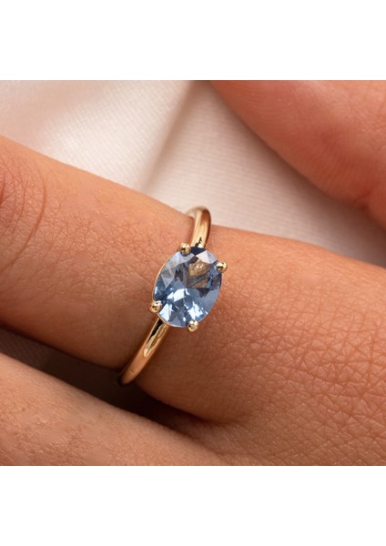Altın Yüzük - Altın Yüzük - 1.10 Karat Yan Blue Topaz Taşlı Octagon 14 Ayar Altın Evlilik Teklifi Yüzüğü