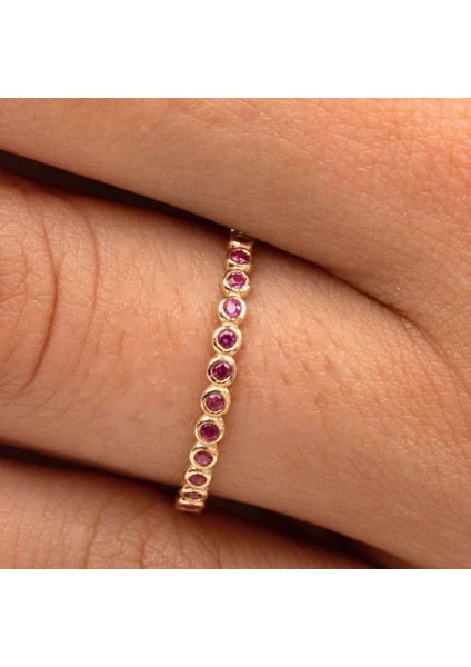 Altın Yüzük - 0.30 Karat Ruby Taşlı Yarım Tur 14 Ayar Hediye Altın Yüzük