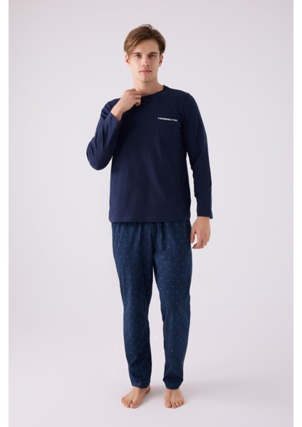 3146 Erkek Mornig Vibes Lacivert Uzun Kol Pijama Takım