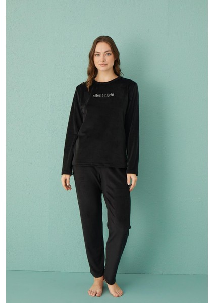 13166-17 Kadın Slient Night Kadife Uzun Kol Pijama Takım