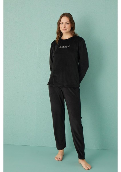 13166-17 Kadın Slient Night Kadife Uzun Kol Pijama Takım modelleri