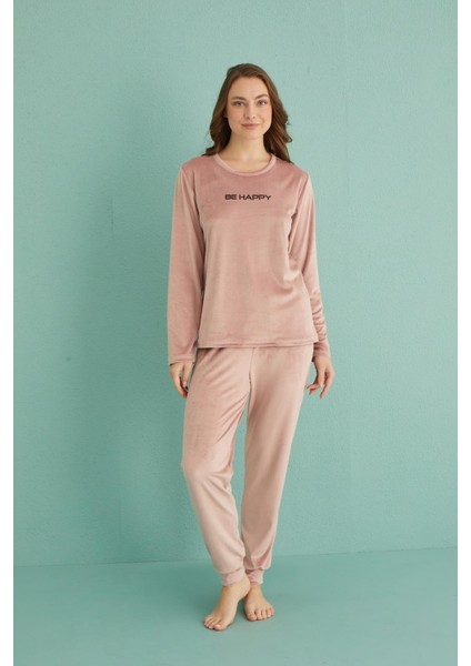 13165-9 Kadın Be Happy Kadife Manşetli Pijama Takım