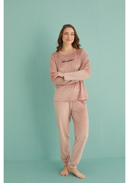 13165-9 Kadın Be Happy Kadife Manşetli Pijama Takım modelleri