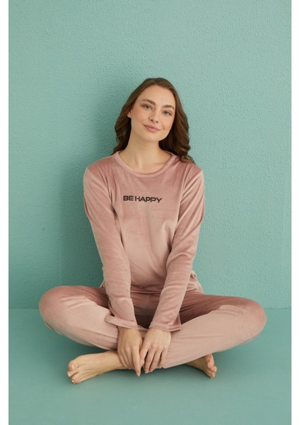 13165-9 Kadın Be Happy Kadife Manşetli Pijama Takım indirimleri