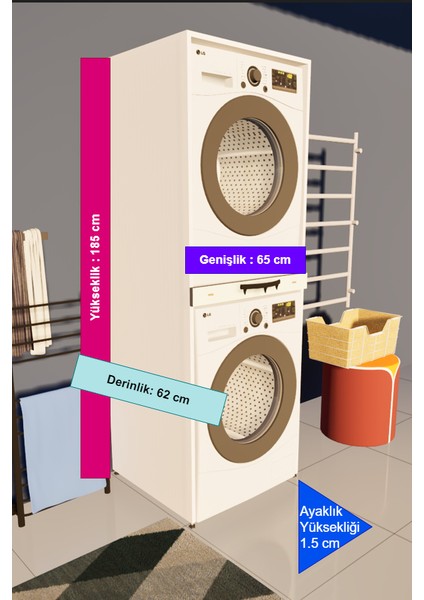 Mdf Amazon Beyaz Çamaşır Makinesi ve Kurutma Makinesi Dolabı