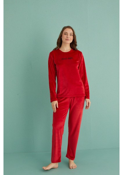 13166-18 Kadın Slient Night Kadife Uzun Kol Pijama Takım