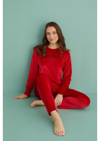 13166-18 Kadın Slient Night Kadife Uzun Kol Pijama Takım fırsatları