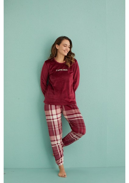 13312-1 Kadın Love Fall Kadife Pijama Takım