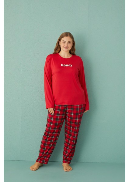 50802-2 Büyük Beden Kadın Honey Milan Kumaş Pijama Takım