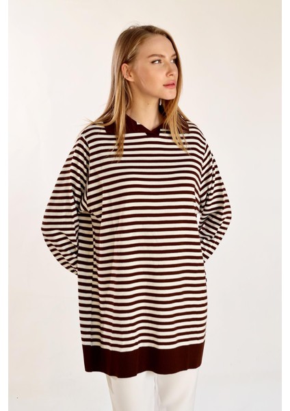 5345 Çizgi Polo Yaka Kazak Acı Kahve