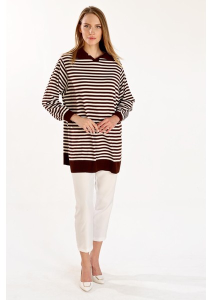 5345 Çizgi Polo Yaka Kazak Acı Kahve fiyatları