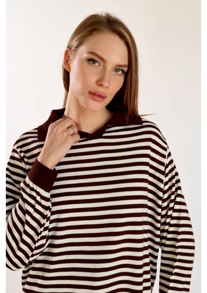 5345 Çizgi Polo Yaka Kazak Acı Kahve modelleri