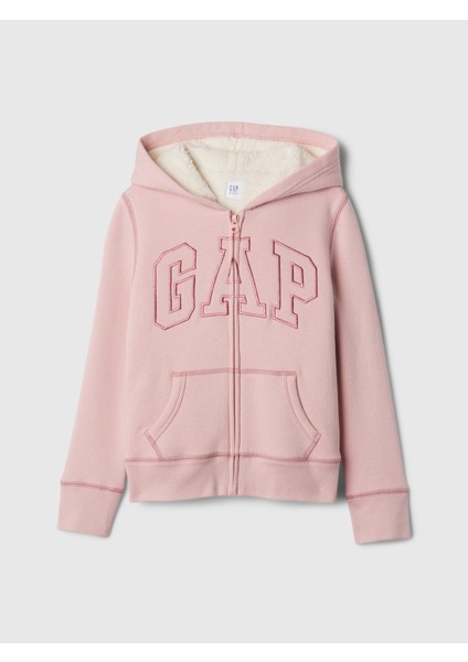 Kız Çocuk Pembe  Logo Fermuarlı Sherpa Sweatshirt