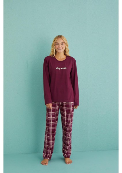 50902-54 Kadın Sleep Mode Milan Kumaş Uzun Kol Ekoseli Pijama Takım
