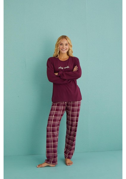50902-54 Kadın Sleep Mode Milan Kumaş Uzun Kol Ekoseli Pijama Takım