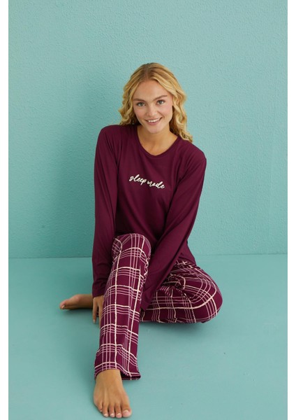 50902-54 Kadın Sleep Mode Milan Kumaş Uzun Kol Ekoseli Pijama Takım