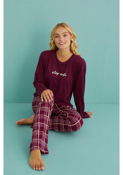 50902-54 Kadın Sleep Mode Milan Kumaş Uzun Kol Ekoseli Pijama Takım