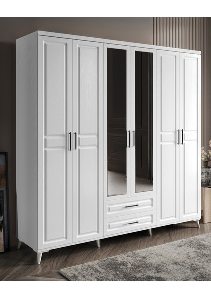Ücretsiz Montaj - %100 MDF Gözde 6 Kapaklı Aynalı Beyaz Gardırop - MDF Dolap - Elbise Dolabı