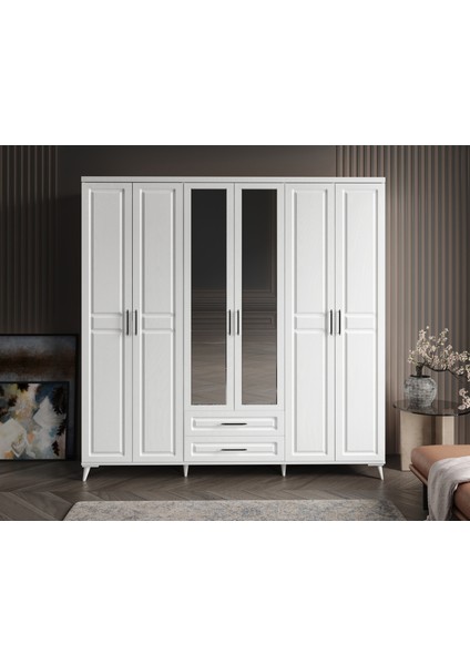 Ücretsiz Montaj - %100 MDF Gözde 6 Kapaklı Aynalı Beyaz Gardırop - MDF Dolap - Elbise Dolabı