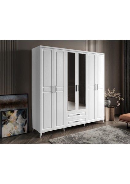 Ücretsiz Montaj - %100 MDF Gözde 6 Kapaklı Aynalı Beyaz Gardırop - MDF Dolap - Elbise Dolabı