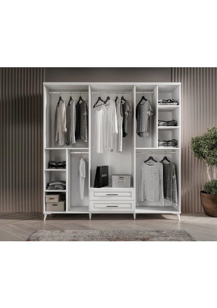 Ücretsiz Montaj - %100 MDF Gözde 6 Kapaklı Aynalı Beyaz Gardırop - MDF Dolap - Elbise Dolabı