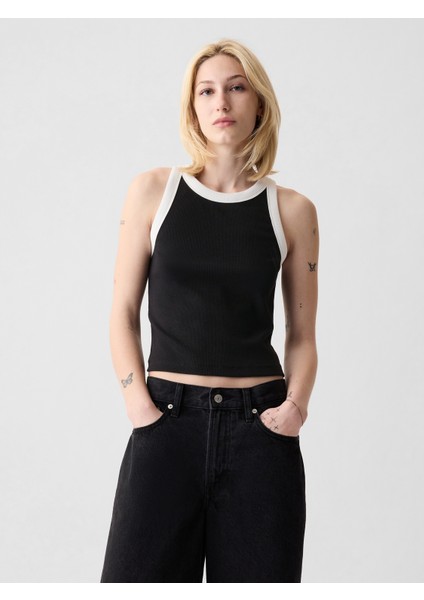 Kadın Siyah Modern Fitilli Crop Halter Yaka Atlet