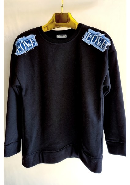 3 Iplik Şardonlu Kot Love Detaylı Kadın Sweatshirt