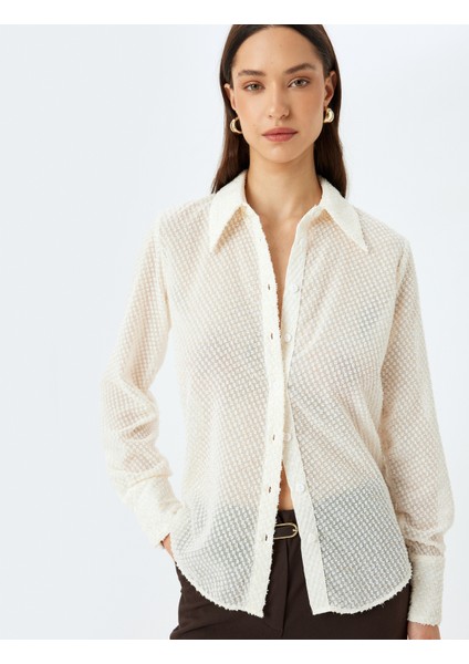 Uzun Kollu Dokulu Yarı Transparan Gömlek