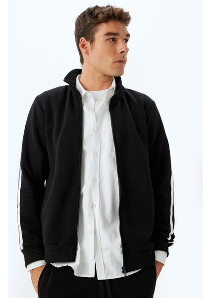 Fermuarlı Hırka Dik Yaka Biyeli Uzun Kollu Şardonlu Pamuk Karışımlı