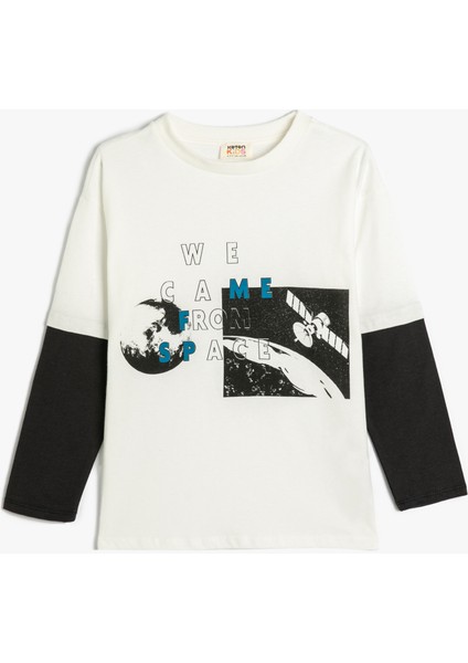 Tişört Uzun Kollu Bisiklet Yaka Uzay Baskılı Pamuklu