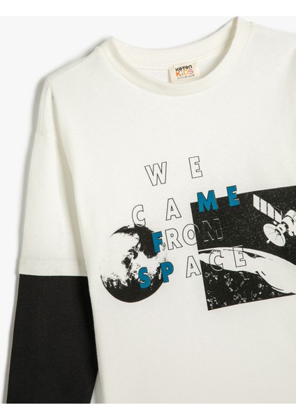 Tişört Uzun Kollu Bisiklet Yaka Uzay Baskılı Pamuklu modelleri