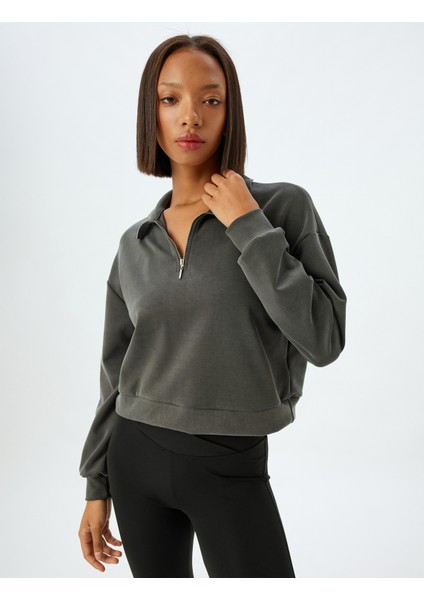 Yarım Fermuarlı Spor Sweatshirt Dik Yaka Rahat Kalıp Kalın Modal Kumaş