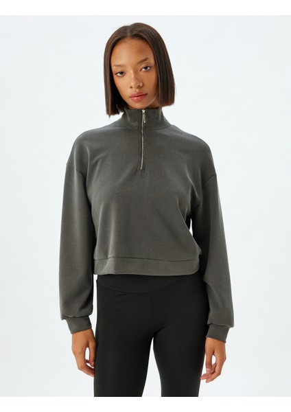 Yarım Fermuarlı Spor Sweatshirt Dik Yaka Rahat Kalıp Kalın Modal Kumaş