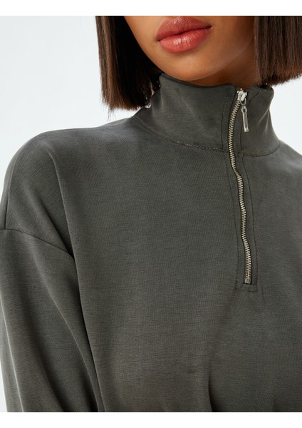 Yarım Fermuarlı Spor Sweatshirt Dik Yaka Rahat Kalıp Kalın Modal Kumaş