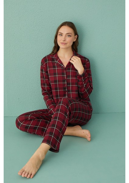 50701-42 Kadın Milan Kumaş Önden Düğmeli Uzun Kol Pijama Takım