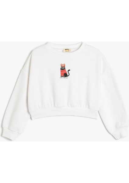 Yılbaşı Temalı Sweatshirt Uzun Kollu Kedi Baskılı Bisiklet Yaka
