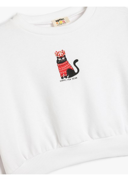 Yılbaşı Temalı Sweatshirt Uzun Kollu Kedi Baskılı Bisiklet Yaka