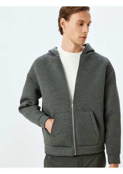 Kanguru Cepli Viskon Karışımlı Basic Fermuarlı Kapşonlu Sweatshirt