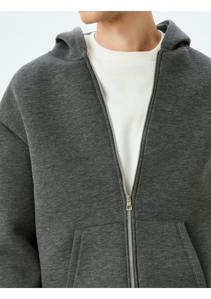 Kanguru Cepli Viskon Karışımlı Basic Fermuarlı Kapşonlu Sweatshirt