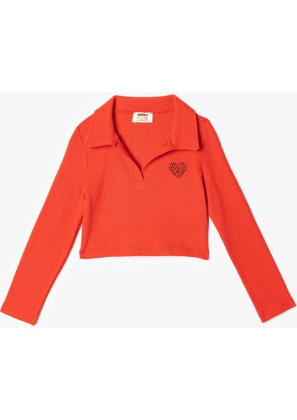 Polo Yaka Tişört Uzun Kollu Pamuklu Kaşkorse Kalp Detaylı