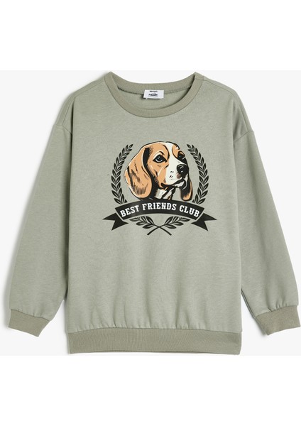 Oversize Sweatshirt Köpek Baskılı Bisiklet Yaka Uzun Kollu Pamuklu