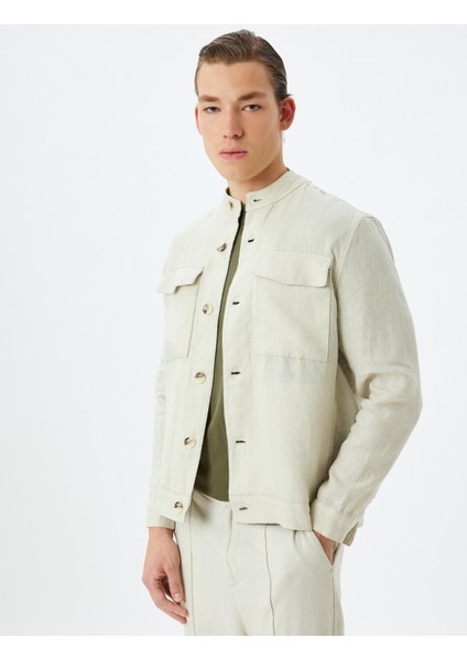 Keten Ceket Hakim Yaka Kapaklı Cep Detaylı Düğmeli modelleri