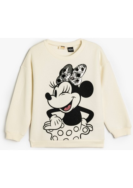 Minnie Mouse Sweatshirt Lisanslı Pullu Payetli Uzun Kollu Bisiklet Yaka Şardonlu