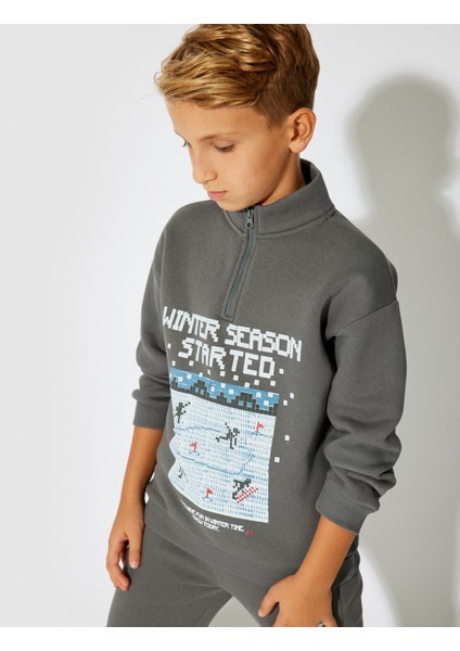 Sweatshirt Dik Yaka Uzun Kollu Kış Temalı Baskı Detaylı Şardonlu